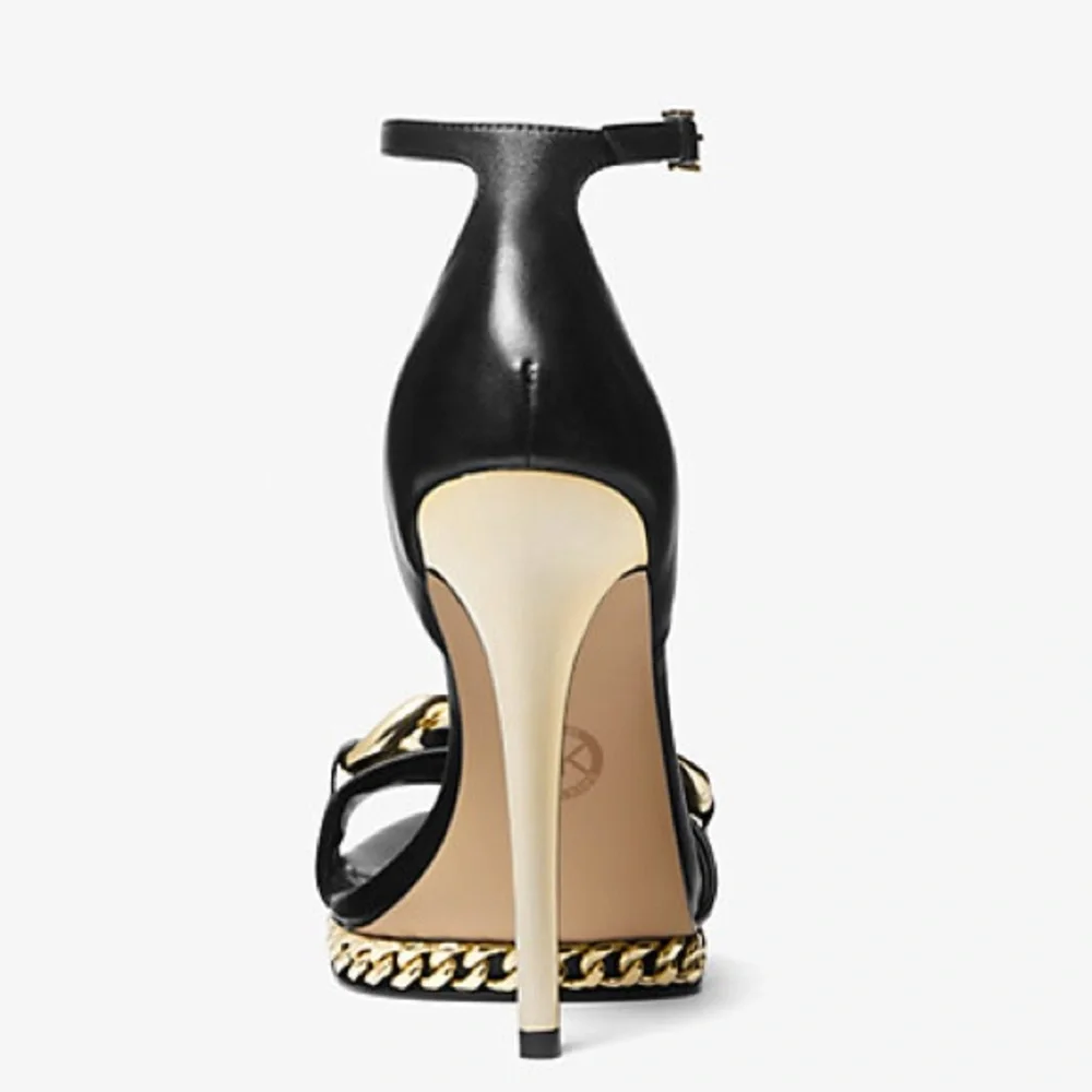 Michael Kors Jordyn Almond Toe Chain High Heel Platform Sandals 6.5 Black Gold - Picture 3 of 4